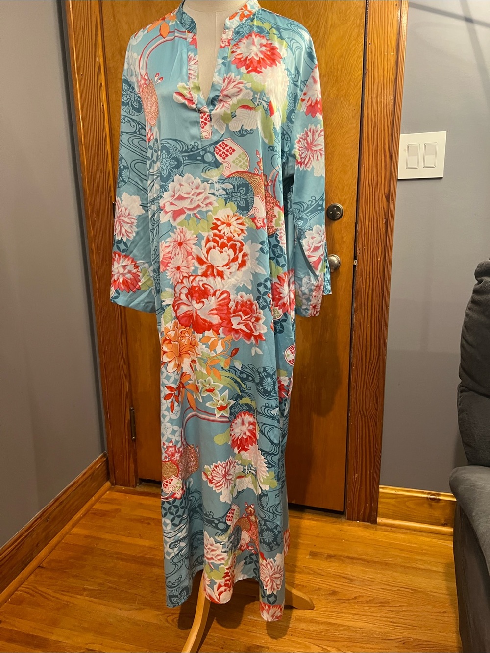 Natori Floral Caftan Maxi Dress Womens XL Kimono Loungewear